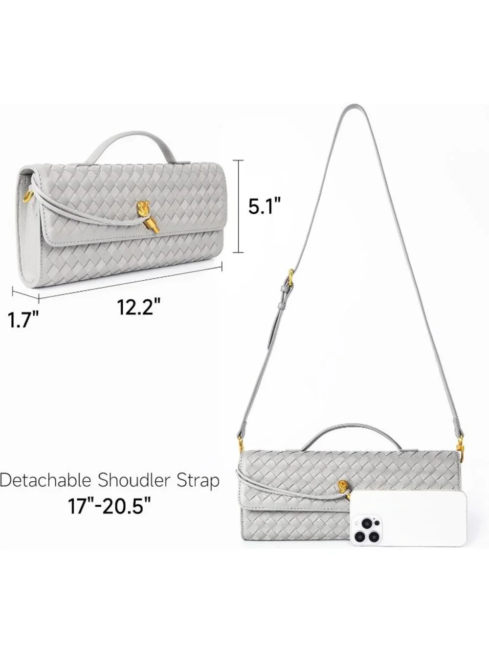 Women Dove Gray Leather Suede Woven Clutch Purse For Evening Crossbody Bag